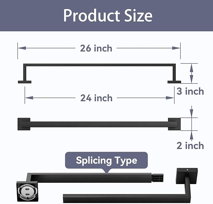Matte Black Towel Bar, 24 Inch Bathroom Towel Rack, Towel Holder Wall Mounted, Square Base Thicken SUS304 Stainless Steel Towel Rod Modern Home Decor (Total Length 26-Inch)