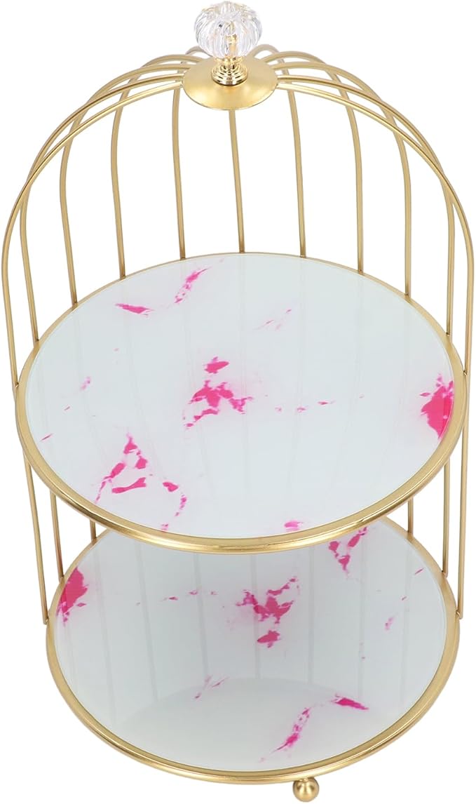 Double Layer Storage Shelf Bird Cage Organizer Display Rack for Bathroom Countertop Dressing Table Gold Frame (Pink Stone Pattern)