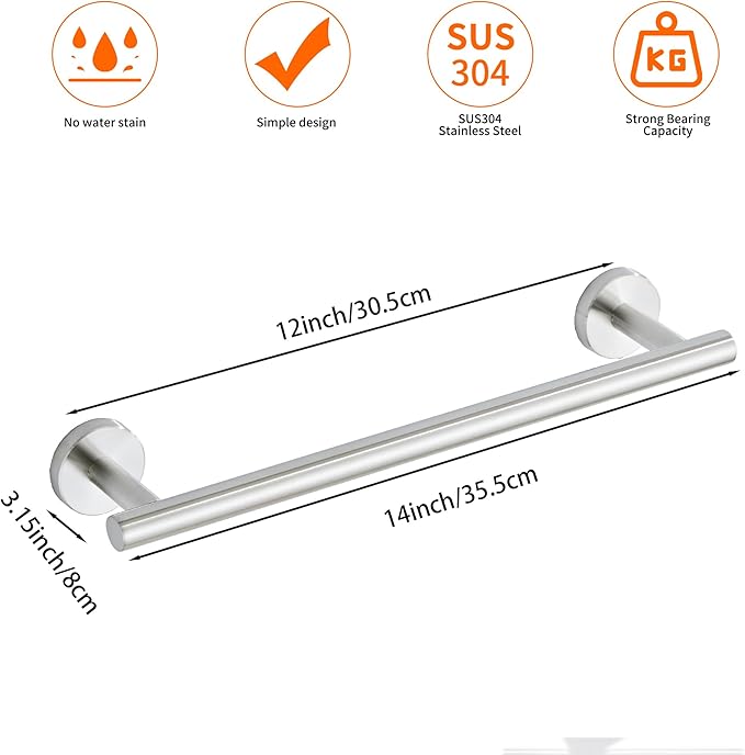 Bath Towel Bar, 12 Inch 304 Stainless Steel Thicken Towel Holder for Bathroom Wall, Towel Holder Brushed Nickel Finished Wall Mount (Total Length 14-Inch)