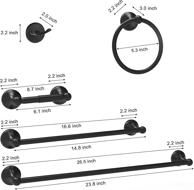 Newfun 8-Pieces 24 Inch Matte Black Bathroom Hardware Set, Bathroom Accessory Set, Includes 24" Adjustable Bath Towel Bar, Towel Rings Wall Mounted, Toilet Paper Holder, Robe Towel Hooks