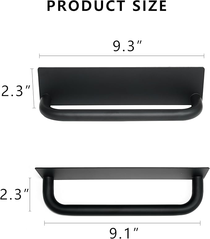 Stainless Steel Adhesive Towel Holder - Peel and Stick, No Drill Waterproof Hand Towel Rack for Bathroom, Kitchen - Self-Adhesive Command Strip, Durable and Easy to Install, 9 Inch Black