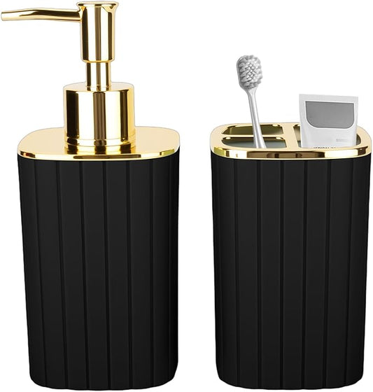 2PCS Bathroom Accessories Set, Black and Gold Bathroom Accessories Include Soap Dispenser and Toothbrush Holder for Boho Bathroom Decor