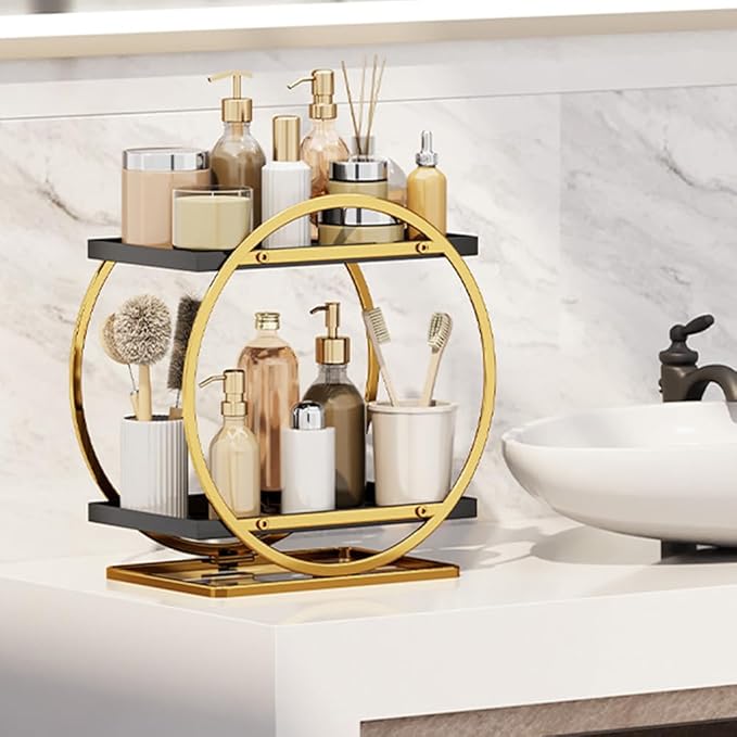 2-Tier Gold Bathroom Countertop Organizer, Round Metal Shelf for Skincare, Makeup and Toiletries,Cosmetic Display Tray, Storage Rack for Vanity, Kitchen,Office Desk