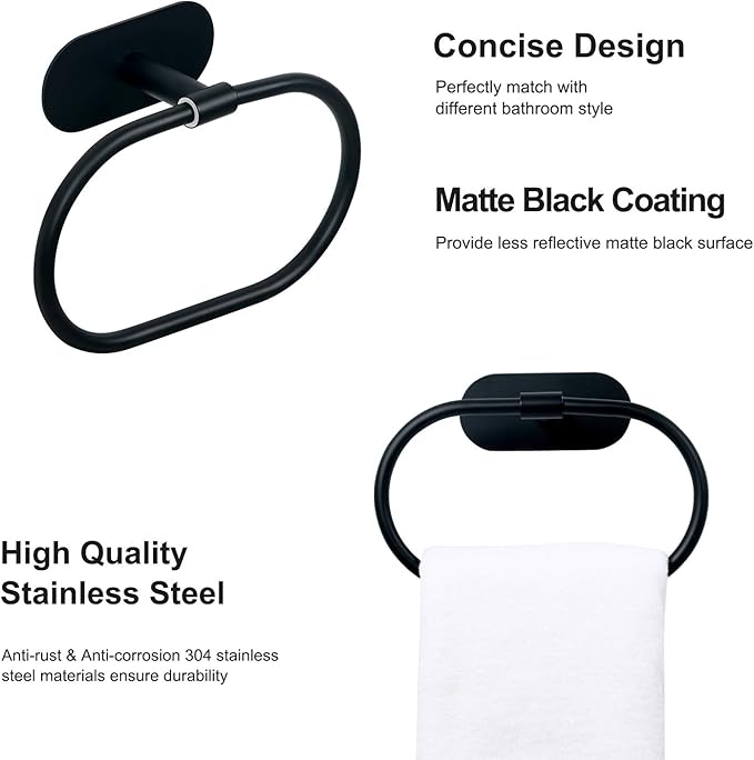 HouseAid Self Adhesive Towel Ring for Bathroom, Stainless Steel Adhesive Hand Towel Holder, No Drilling Modern Hand Towel Hanger, Matte Black