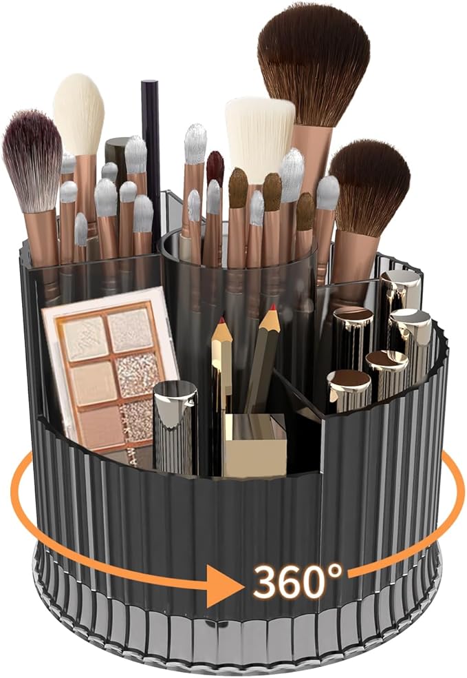 360?? Rotating Makeup Brush Holder Organizer, 5 Slot Make up Brushes Cup for Cosmetics, Nail Polish, Art Supply, Skincare, Perfume, Bathroom Vanity Desktop Organizer - Clear gray