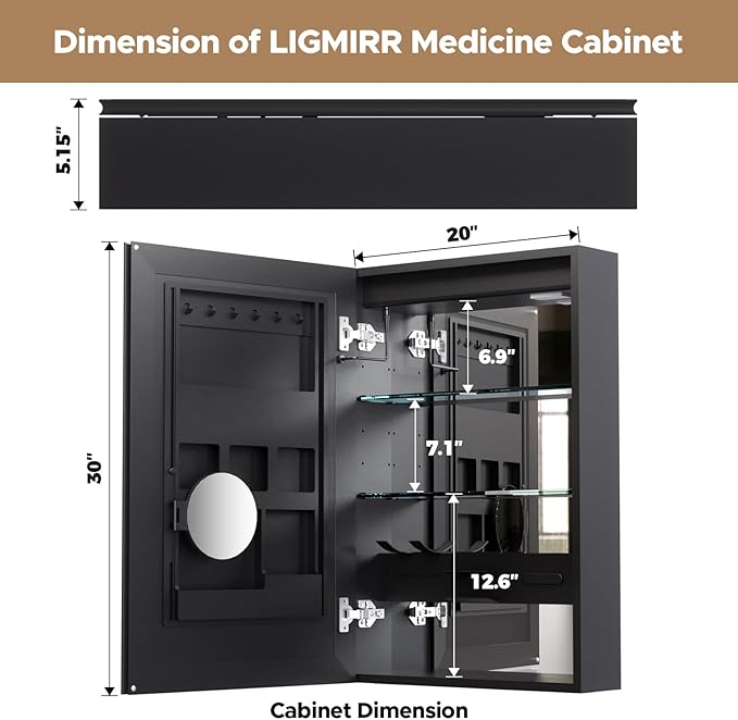 Bathroom Medicine Cabinet with Mirror, 20×30 Inch Black Mirror Cabinet with Cosmetics Storage Rack, 2 Outlets, 3X Magnifier Makeup Mirror, Adjustable Shelves, Surface Mount