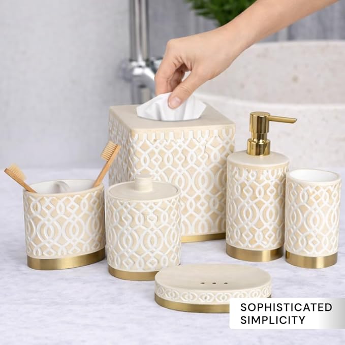 6-Piece Bathroom Accessories Set – Soap Dispenser, Toothbrush Holder, Tumbler, Soap Dish, Cotton Swab Jar & Toilet Brush – Modern Bathroom Decor Set (Solana)