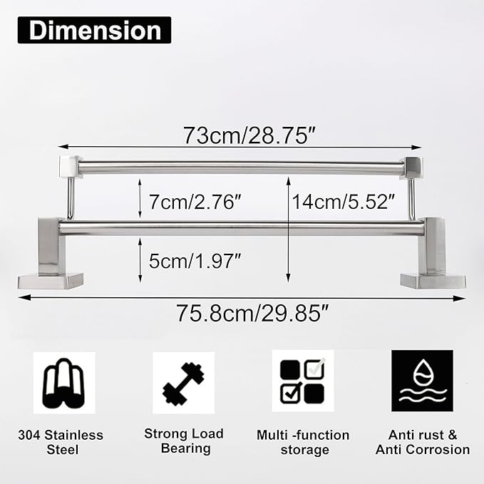 TocTen Double Bath Towel Bar - Thicken SUS304 Stainless Steel Towel Rack for Bathroom, Bathroom Accessories Double Towel Rod Heavy Duty Wall Mounted Square Towel Holder(Brushed Nickel, 30 INCH)