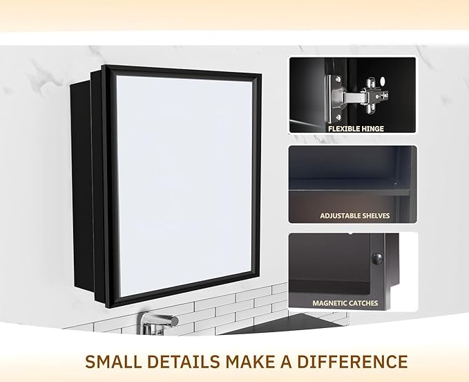 Bathroom Medicine Cabinet with MirrorSurface Mount Vanity Mirror Cabinet, Single Door Cabinet Famerhouse Bathroom with Storage (Brush Black, 24x24 Inch)