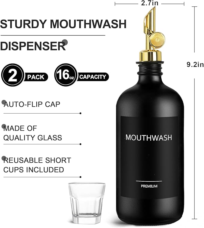 Mouthwash Dispenser for Bathroom, Glass Mouthwash Dispenser with Cup, Mouth Wash Container Bottle with Cup, Refillable Mouthwash Decanter, Matte Black, 1 Pack, 17oz
