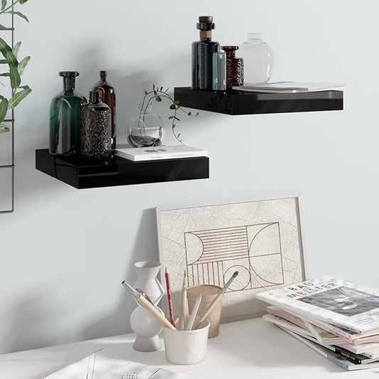Floating Wall Shelves 2 Pack High Gloss Black Modern Display Rack for Living Room Bedroom, Invisible Mounting, 9.1x9.3x1.5 Inches MDF Honeycomb Storage Shelves for Books Decor