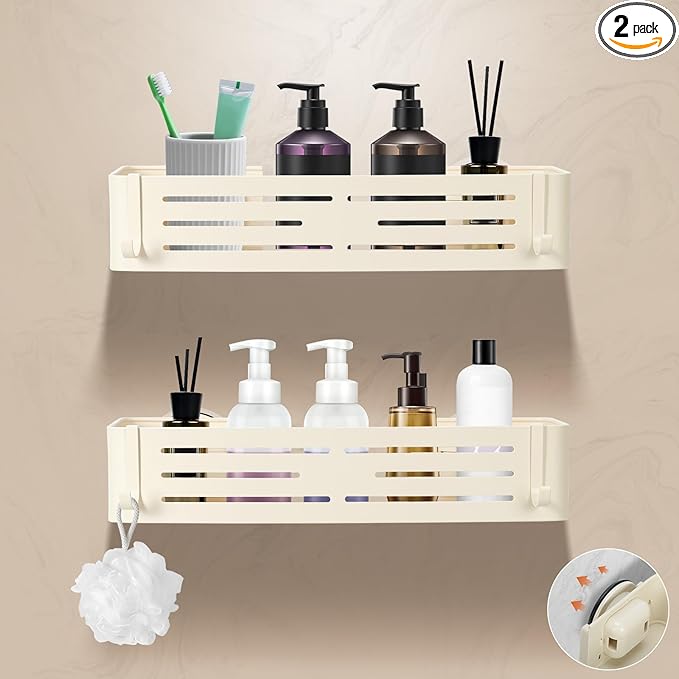 Lekesky Suction Cup Shower Caddy, No Drill Shower Shelf, Aluminum Rust Proof Bathroom Shower Organizer with 12 Hooks, （2-Pack, Cream）