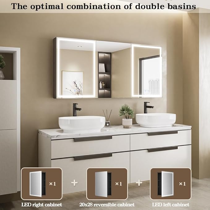 Spliceable Modular Bathroom Medicine Cabinet with Soft Close Doors with Glass on Both Sides, Reversible Wall Mounted Mirror (28" L x 20" W)