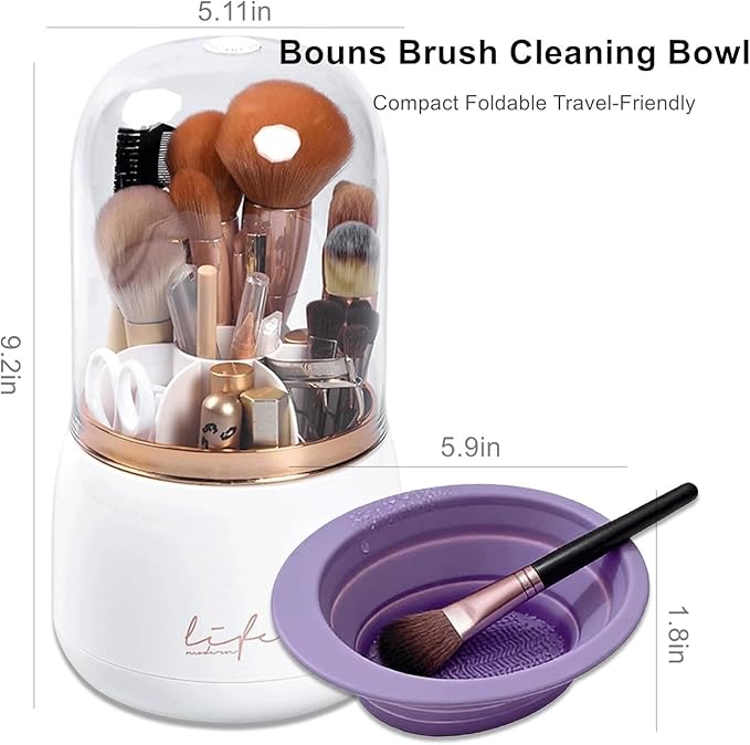 360 Rotating Makeup Brush Holder with Lid Clear Dustproof Make Up Organizers for Vanity Countertop Includes a Foldable Bowl for Cleaning Makeup Brush Transparent Dustproof(Beige)