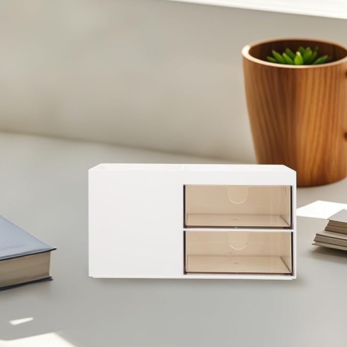 Lurrose Desktop Makeup Organizer Drawer with Multi-grid Plastic Storage Case, Ivory White Vanity Holder for Home and Office Cosmetic and Skincare Accessories