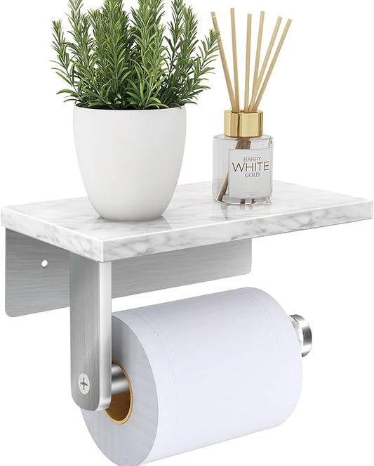 Gypie Brushed Nickel Toilet Paper Holder with Natural Marble Shelf, Screw Wall Mounted, Tissue Roll Holder for Bathroom Washroom