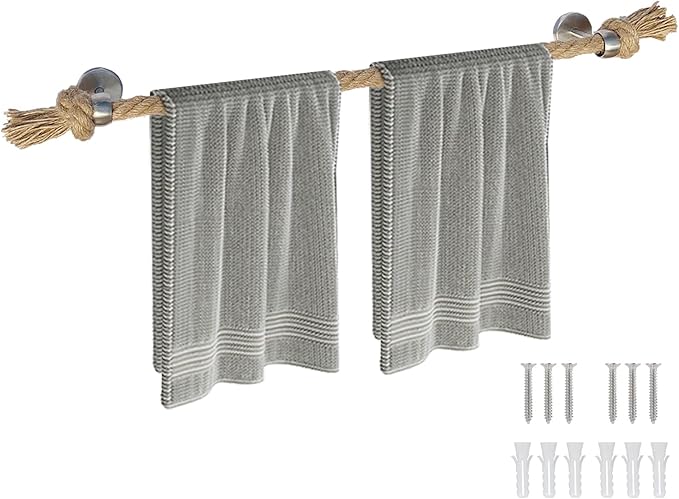 Nautical Rope Towel Holder - Coastal Towel Rack with Knot Bathroom Decor Wall Mount Towel Bar Bathroom Accessories, Rustic Silver Stainless Steel 26''