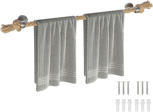 Nautical Rope Towel Holder - Coastal Towel Rack with Knot Bathroom Decor Wall Mount Towel Bar Bathroom Accessories, Rustic Silver Stainless Steel 26''