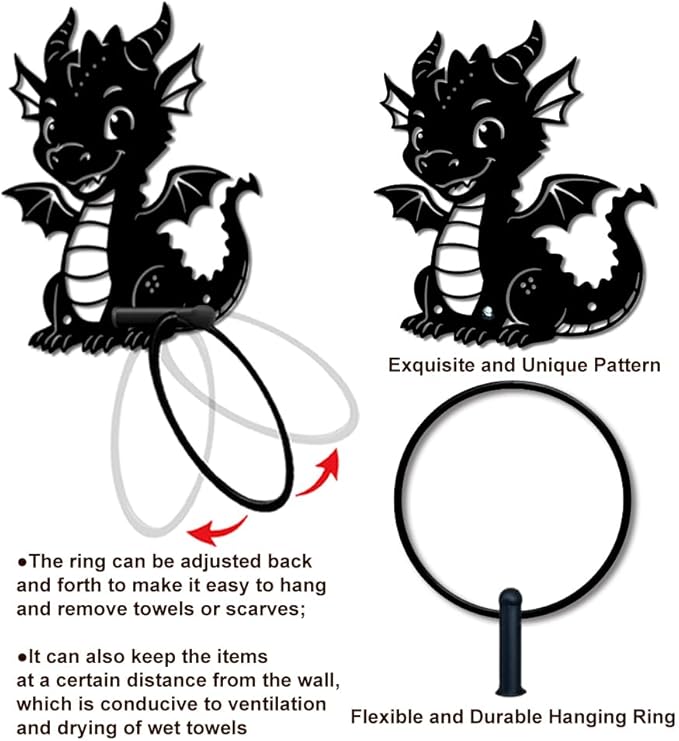 MAYJOYDIY Cartoon Dragon Metal Towel Ring Round Dragon Hand Towel Holder Ring Hanger Wall Mount Black Vintage Towels Wall Organizer for Kitchen Bath Home Laundry Room Decors Gifts