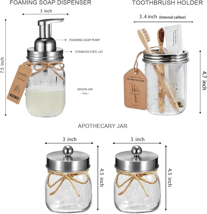 SheeChung 6Pack Mason Jar Bathroom Accessories Set - Foaming Soap Dispenser, Toothbrush Holder, 2Pack Qtip Holders, Bathroom Sink Set, Guest Towel Holder- Brushed Nickel