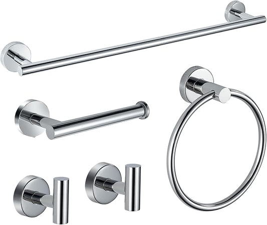 5-Piece Bathroom Hardware Set, Chrome SUS304 Stainless Steel Bathroom Accessories Kit, Includes 24" Towel Bar, Toilet Paper Holder, Towel Ring & 2 Robe Hooks, Wall Mounted, Rustproof Modern Design