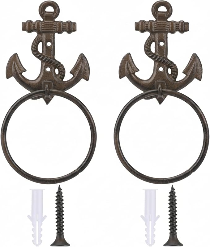 2 Pcs Nautical Towel Ring Cast Iron Anchor Hand Towel Holder Vintage Decorative Wall Mount Kitchen Bathroom Hanger for Ocean Nautical Bathroom Decor Accessories(Rust)