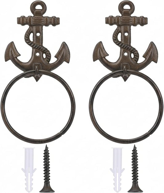 2 Pcs Nautical Towel Ring Cast Iron Anchor Hand Towel Holder Vintage Decorative Wall Mount Kitchen Bathroom Hanger for Ocean Nautical Bathroom Decor Accessories(Rust)