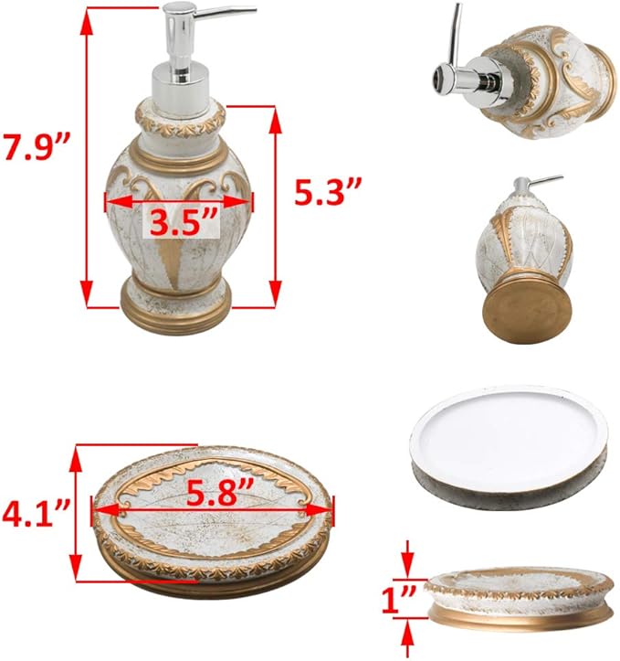 LUANT 4 Pieces Bathroom Accessory Set Including Tumbler, Toothbrush Holder, Soap Dish and Soap Dispenser, White with Gold