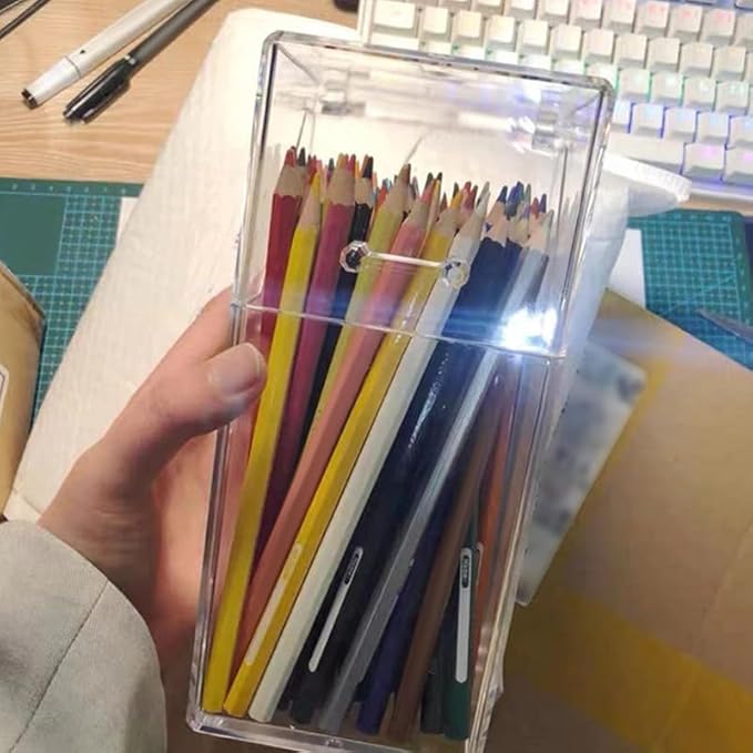 Zerodeko Acrylic Pen Holder Storage Box with Lid 2-Pack Clear Desktop Organizer for Makeup Brushes Stationery and Small Items 8.26X3.34X3.34In