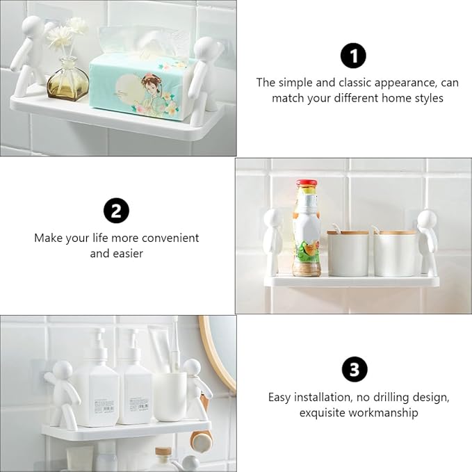 2pcs Wall-Mounted Humanoid Guardrail Storage Shelf Multi-Functional Kitchen and Bathroom Organizer Rack Floating Vanity Shelf for Toiletries and Seasoning Bottles White Gray