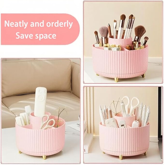 Makeup Brush Holder,360° Rotating Makeup Brush Organizer,5 Slot Make up Brushes Cup for Cosmetics,Large Capacity,For Nail Polish, Art Supply, Bathroom Vanity,Cosmetics Organizer,Pink