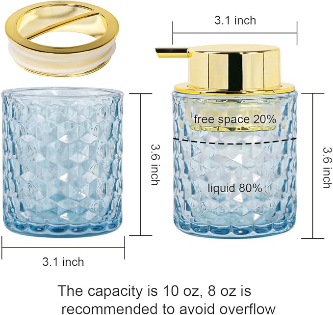 Bathroom Accessories Set 2pcs Glass Foaming Soap Dispenser and Toothbrush Holder for Bathroom Countertop, Blue Glass Bathroom Assessory Set with Gold Decor