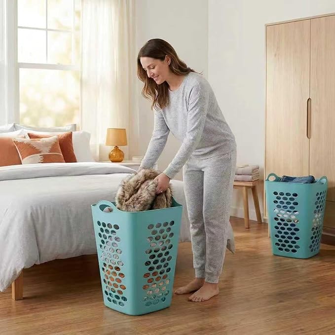 (2 Pack) 2 Bushel Square Laundry Hamper, Teal Lightweight Plastic Tall Laundry Basket with Handles, Ventilation Design for Bedroom, Bathroom, Laundry Room, College Dorm.