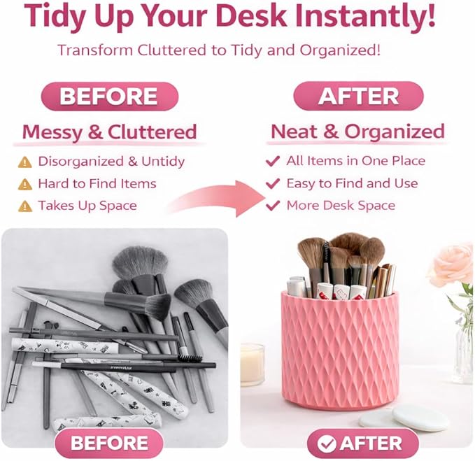 Makeup Brush Holder Organizer, 360?? Rotating 5-Slot Make up Brushes Cup for Cosmetic, Lipstick, Hair Brush Holder - Spinning Vanity Countertop Caddy for Bathroom, Dorm & Office, Pink
