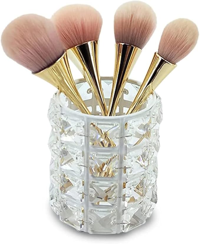 AKOAK 1 Pack Crystal Makeup Brush Holder Office Supplies Storage Rack Eyebrow Pencil/Lipstick/Pencil Makeup Container, Dressing Table, Bedroom, Office (White)