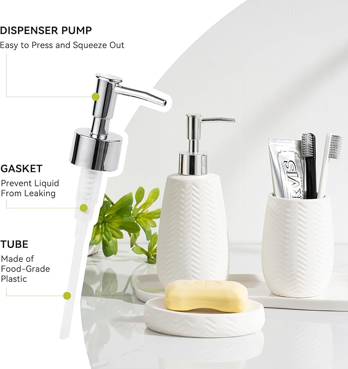 White Bathroom Accessories Set, 3pcs Ceramic Wave Design Farmhouse Decor, Complete countertop Bathroom Decor with soap Dispenser，Toothbrush Holder and soap Dish for Stylish Bathroom Organization