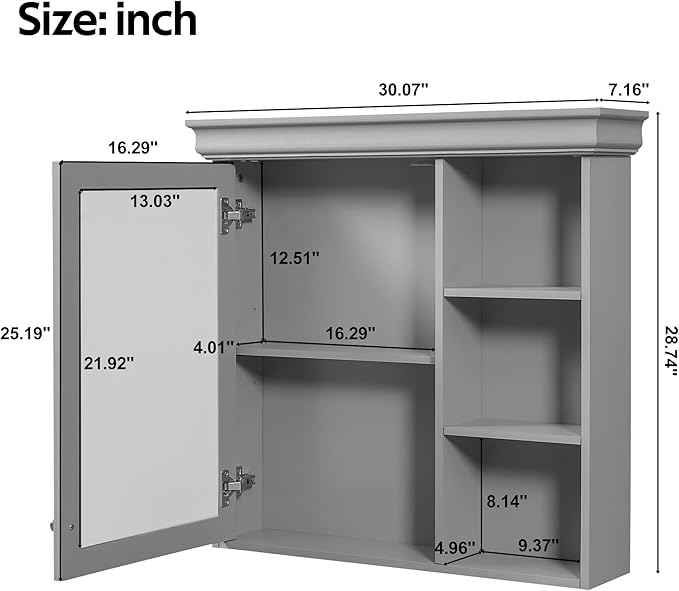 Merax Modern Bathroom Medicine Cabinet with Mirror, 30" x 28" Wall Mounted Medicine Cabinet with Storage and Open Shelves, Over The Toilet Mirrored Wall Storage