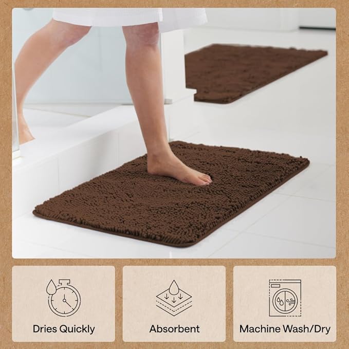 GORILLA GRIP Bath Rug Mat 30x20, Thick Soft Absorbent Chenille, Quick Dry Microfiber Mats, Rubber Backing Washable Shower Floor Rugs, US Designed Bathroom Bathmat Home Decor Accessories, Brown