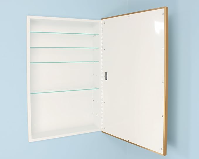 Fox Hollow Furnishings 20x30 Parker Metro Metal Framed Rectangle Recessed Bathroom Medicine Cabinet, Floating Mirror, 18x28 in-Wall Opening, Steel, Adjustable Glass Shelves, Magnet Close, Gold