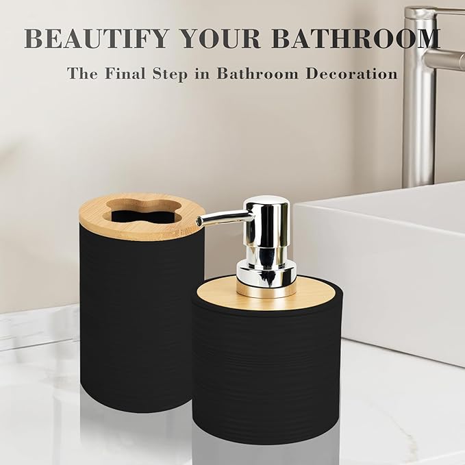 2 PCS Black Bathroom Accessories Set, Soap Dispenser and Toothbrush Holder Set, Plastics & Bamboo Bathroom Set, Bohemian Style Bathroom Sink Set