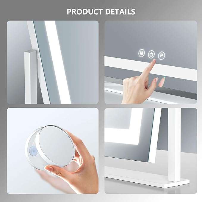 Gvnkvn Vanity Mirror with Lights, 15.2’’ LED Makeup Mirror Detachable 10X Magnification, Smart Touch Control, 3 Color Lighting Modes,360°Rotation Tabletop Make Up Mirror for Bedroom Bathroom(Curved)