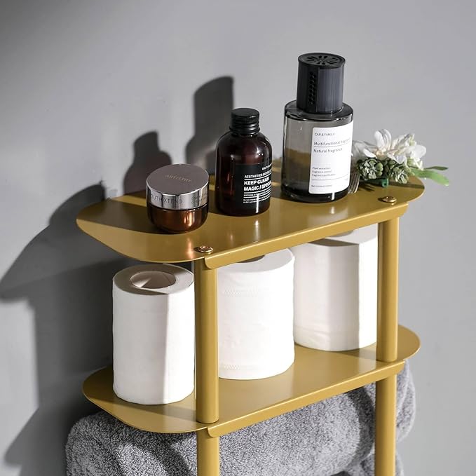simpletome Towel Racks for Bathroom Storage Shower Organizer 31 inch Wall Mounted with Shelves Can Holds 6 Large Towels Thickened Carbon Steel(Gold)