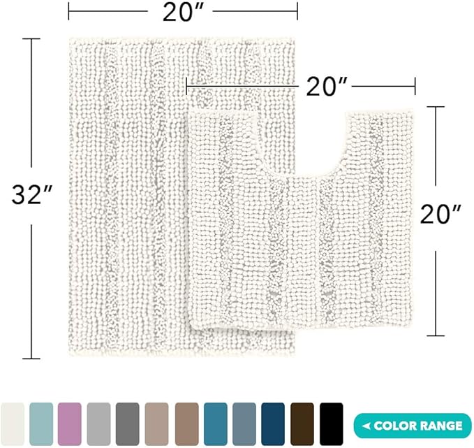 Turquoize Chenille Bathroom Rugs Set Non-Slip Bath Mats for Bathroom Super Absorbent Shaggy Rugs for Tub Shower Toilet Plush Bath Rug Plus U Shaped Rug (Standard: 20" x 32" and 20" x 20" U), Cream