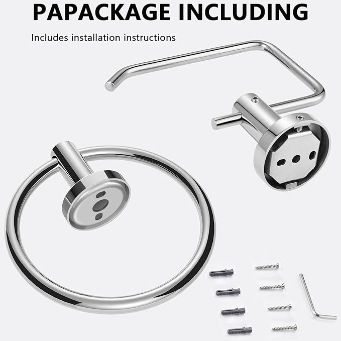 Towel Ring and Toilet Paper Holder Set, Stainless Steel Bath Towel Hanger and Tissue Roll Holders, Bathroom Hardware Accessories Wall Mounted 2 Pieces (Polished Chrome)