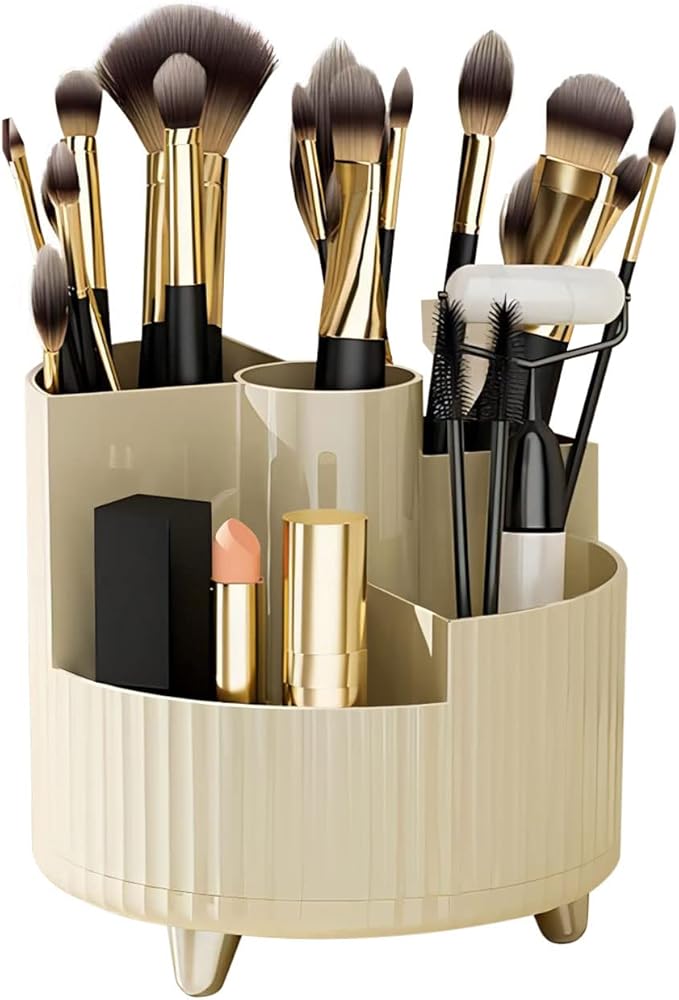 DASITON Large Capacity Makeup Brush Holder,360?? Rotating Makeup Organizer,5 Slot Makeup Brushes Cup,for Vanity Decor,Bathroom Countertops,Desk Storage Container,Cosmetic Display cases(Cream-S)