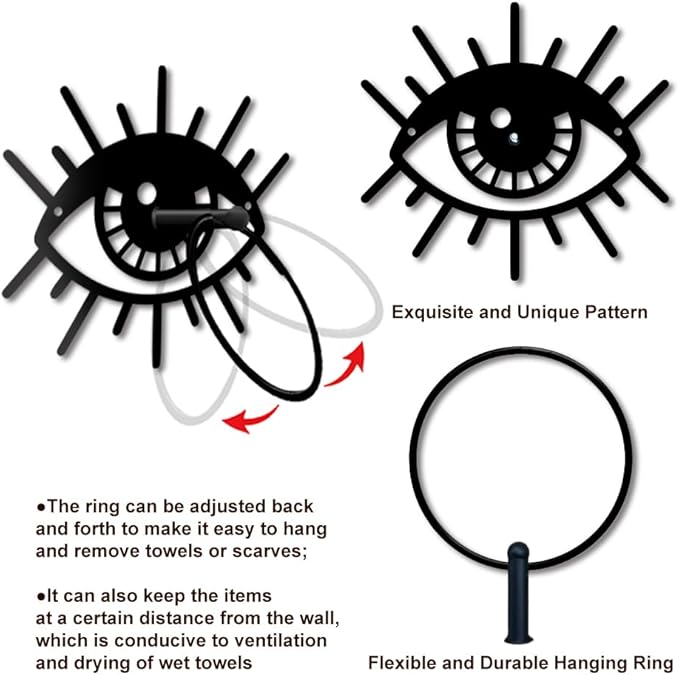 MAYJOYDIY Magic Eye Metal Towel Ring Evil Eye Towel Holder Eye Lashes Wall Decor Towel Hanger Bath Towel Ring Black Art Towel Rack Wall Mounted for Bathroom Kitchen Home Decors Gift