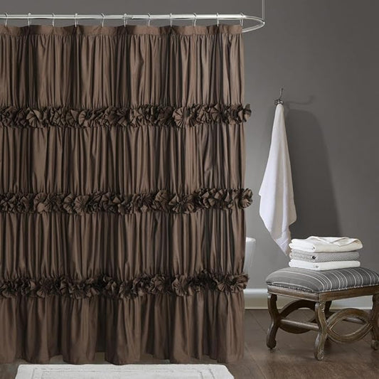 Chocolate Ruffle Shower Curtain, Vintage Handcrafted Bow Tie Bath Curtain for Master Bathroom, Ruched Microfiber Bathroom Curtain with 12 Buttonholes, 72" W x 72" H (LQ-10)