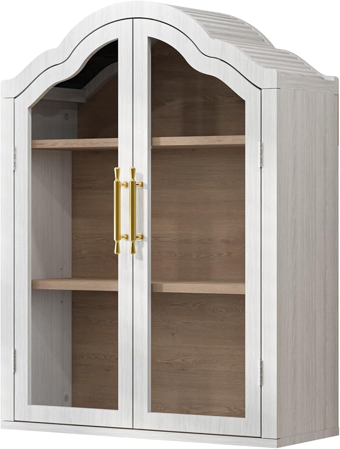 Furnaza White Arched Wall Mounted Cabinet, Display Medicine Cabinets with Tempered Glass Doors and Adjustable Shelf for Bathroom,Kitchen,Living Room