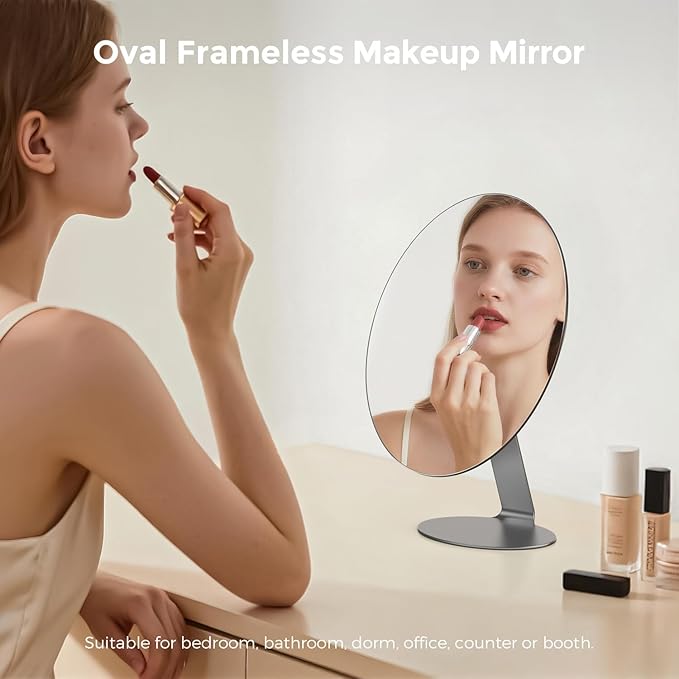 NEZZOE Oval Makeup Mirror for Desk, 12 Inch Frameless Metal Standing Table Top Mirror, Adjustable Angle