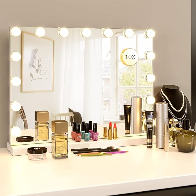 Filytop 22.8"x 18.1" Makeup Mirror with Lights,10X Large Hollywood Lighted Vanity Mirror with 15 Dimmable LED Bulbs,3 Color Modes,Touch Control,Tabletop or Wall-Mounted, White